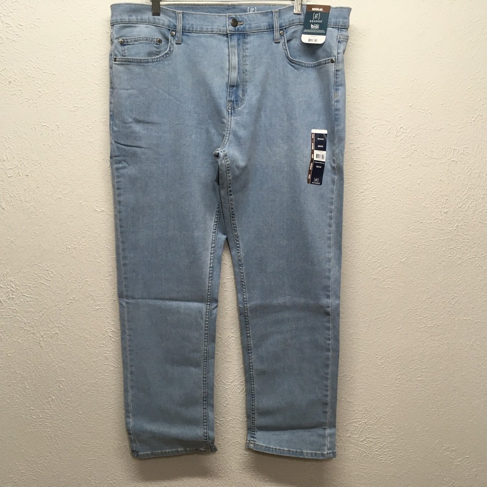 George Regular Fit Jeans Mens 36x30 Straight Leg Stretch Blue Denim Light Wash